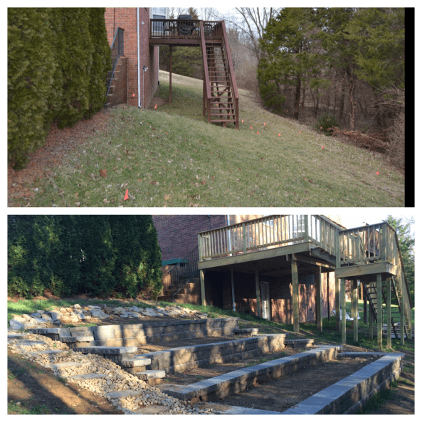 Here's a look at the steep slope behind our house.  I hated mowing this.  The stairs were very long, narrow, and dangerous.  You can see now, we have added a terraced step down garden, and the new deck was added on to the old.