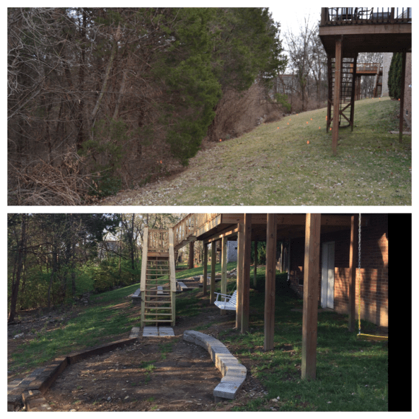 Here's a look from the other side of the house.  You can see how steep the yard was.  Now, we have a little area leveled off (i'm going to turn that into a paver patio).  You can also see a swing for Josie, a porch swing for us.  I love how the stairs turned out!
